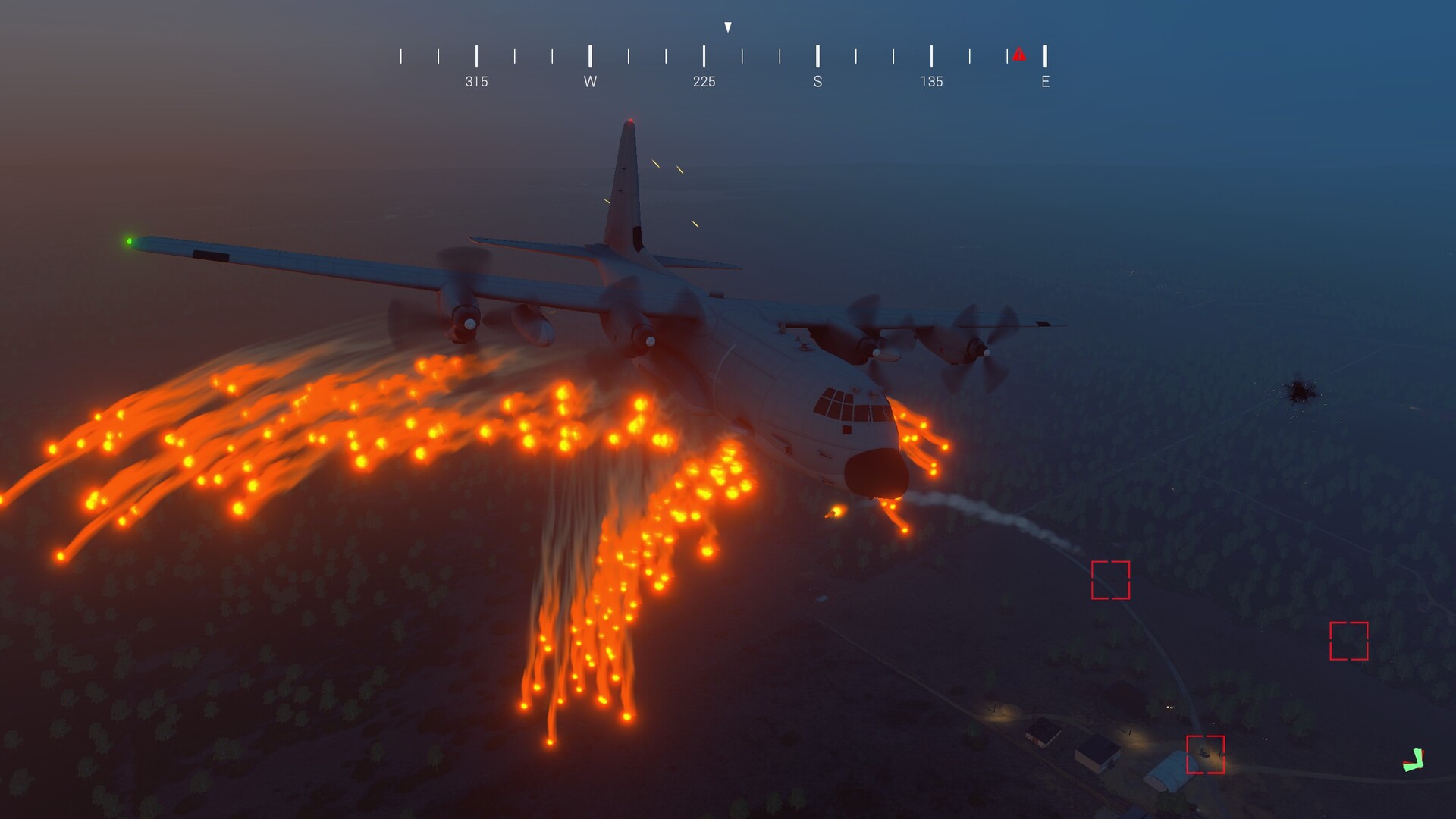 AC-130 gunship deploying flares over a battlefield